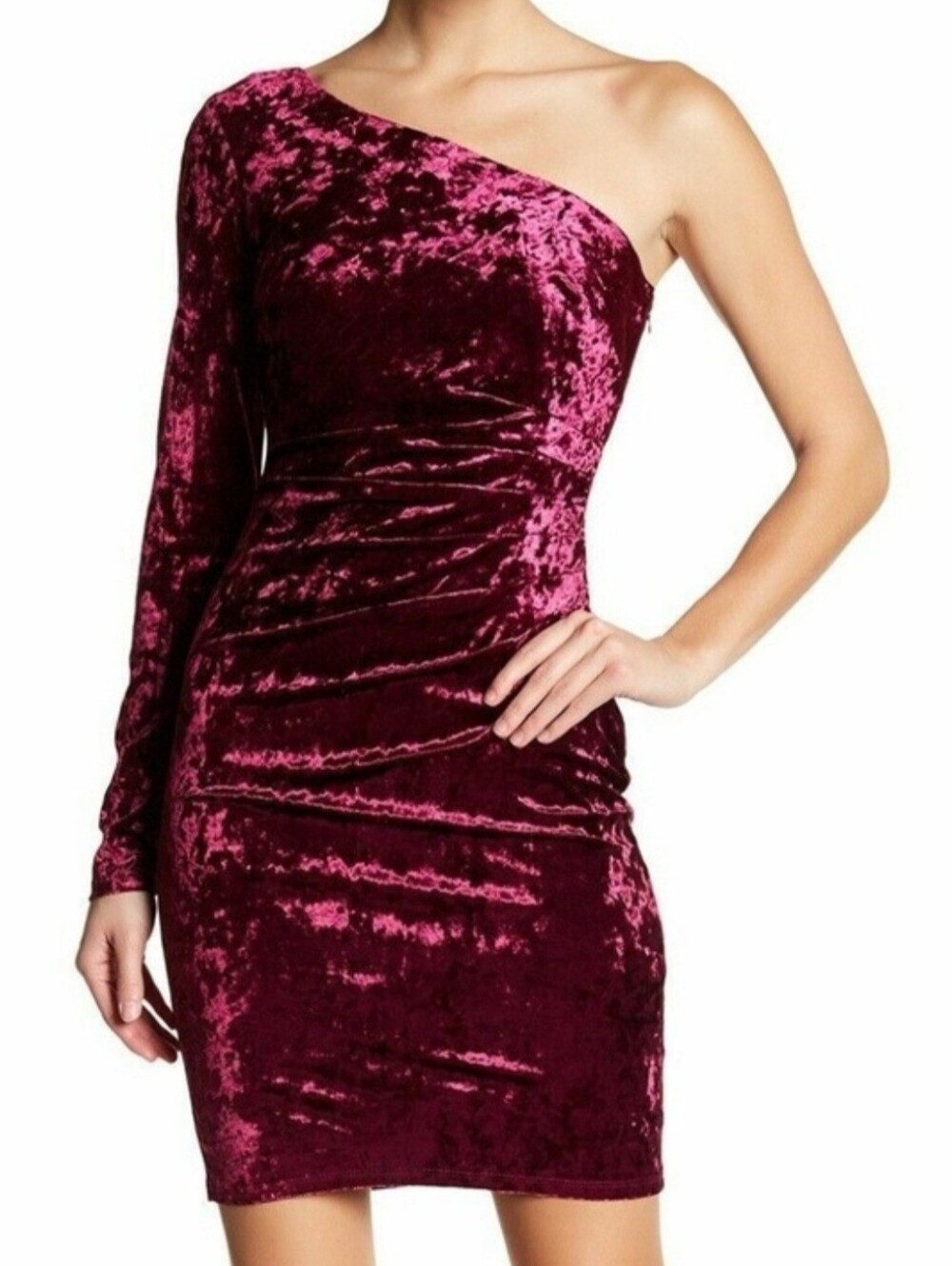 Eliza J One-Shoulder Velvet Bodycon Dress in Wine